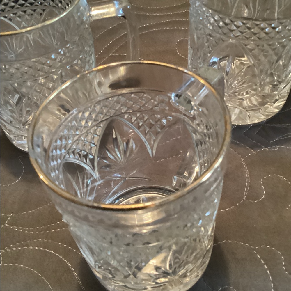 Crystal cut glass diamond fan cut mugs with starburst base, X4 Reduced